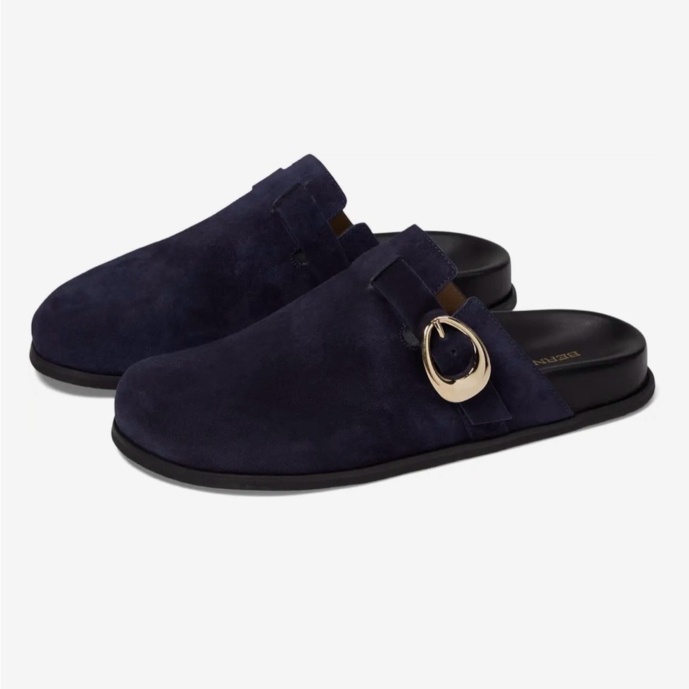 Bernardo Easton Navy Suede Mules with Gold Accent